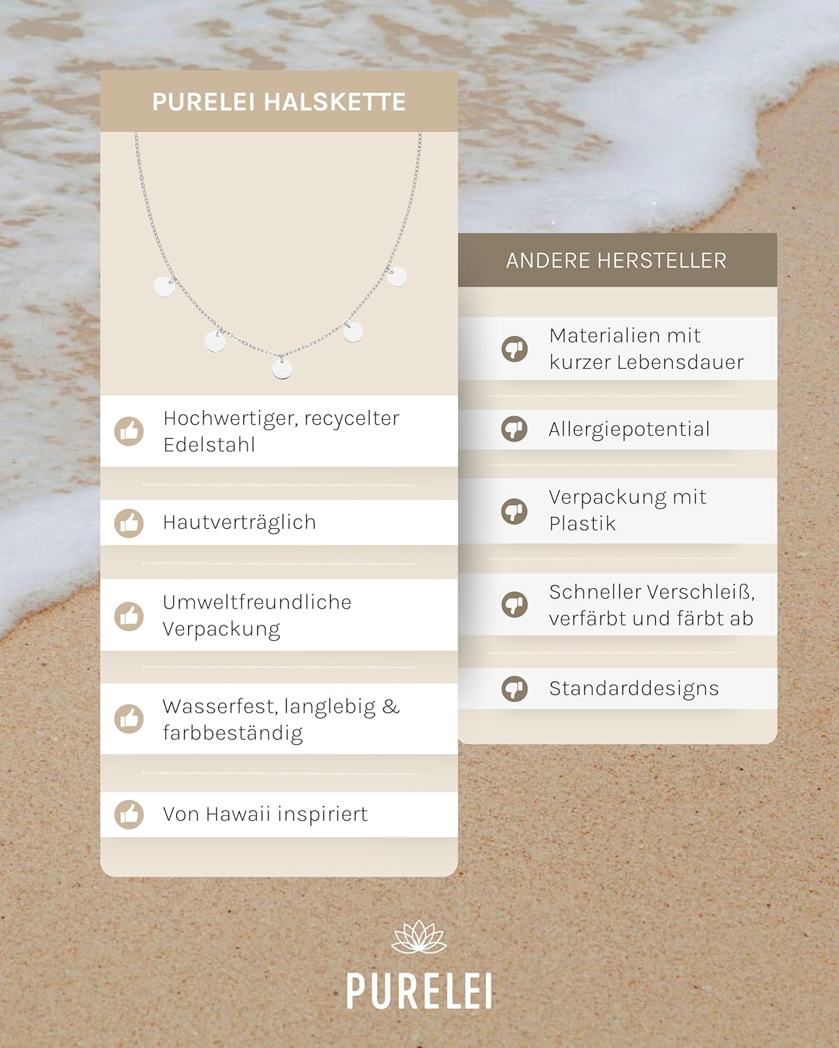 Purelei Kalea Kette Damen – Halskette Damen aus langlebigem Edelstahl – Wasserfeste Kette mit Anhänger – 40-45 cm Länge verstellbar – Halskette für deinen individuellen Look Silber