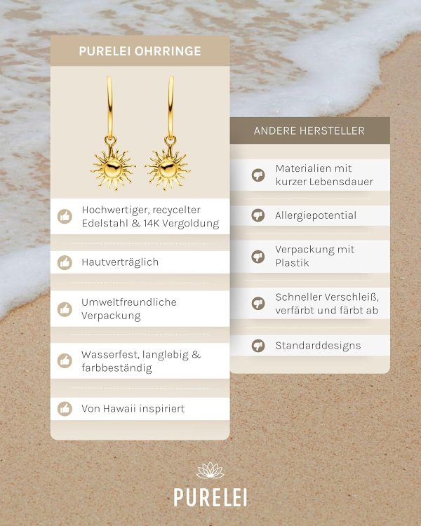 Purelei Sun Ohrringe – Damenohrringe aus langlebigem Edelstahl – Wasserfeste Ohrringe Damen – Modeschmuck für deinen individuellen Look Gold