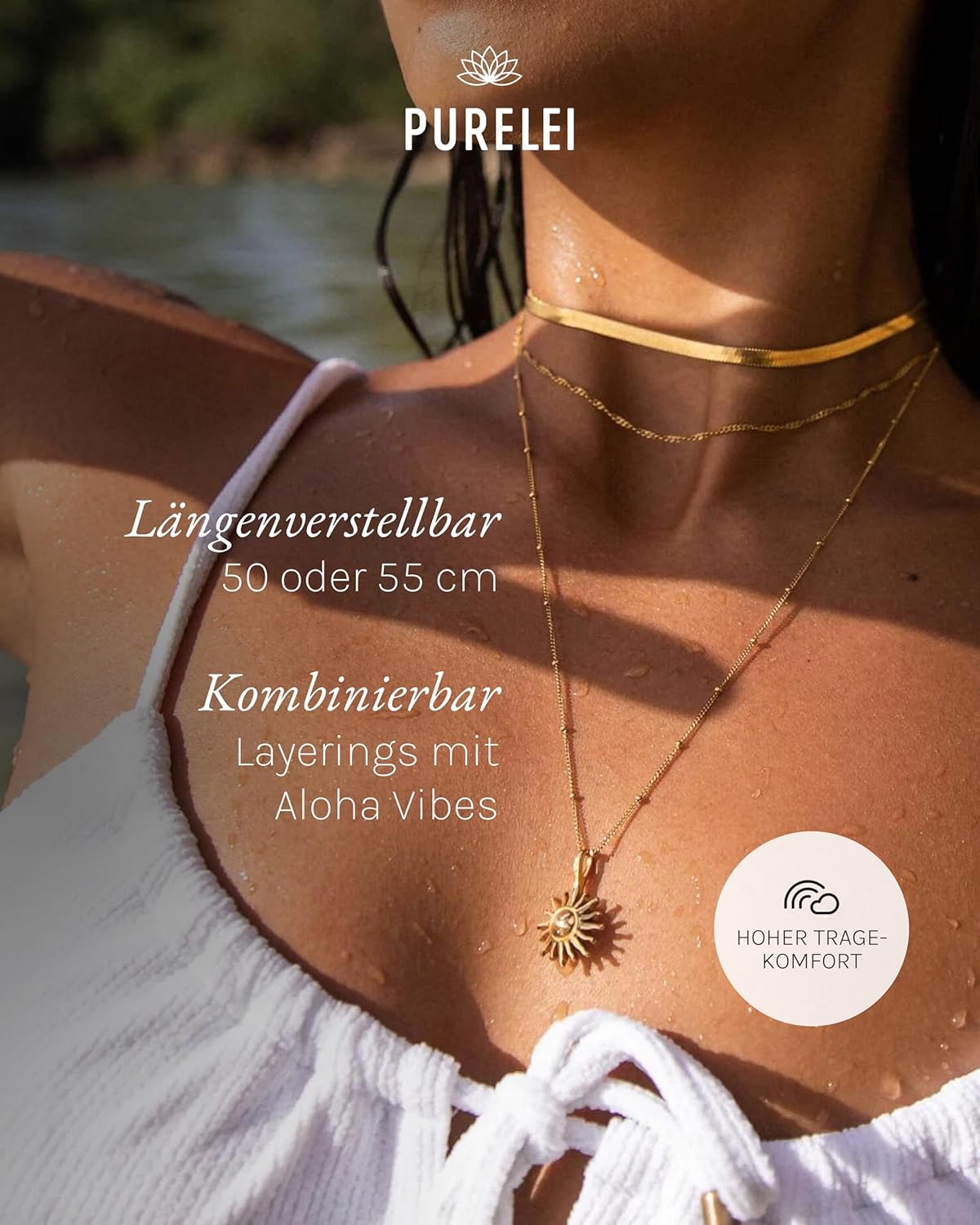 Purelei Sun Kette Damen – Halskette Damen aus langlebigem Edelstahl – Wasserfeste Kette mit Anhänger – 50-55 cm Länge verstellbar – Halskette für deinen individuellen Look Roségold