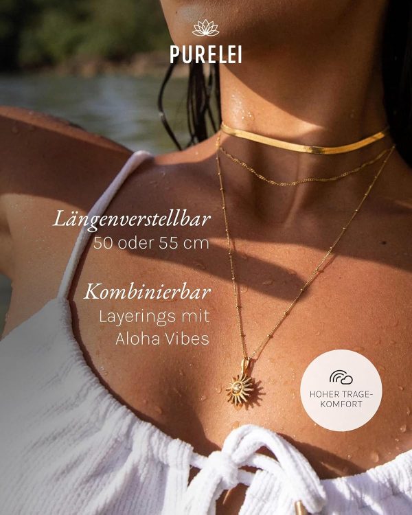 Purelei Sun Kette Damen – Halskette Damen aus langlebigem Edelstahl – Wasserfeste Kette mit Anhänger – 50-55 cm Länge verstellbar – Halskette für deinen individuellen Look Gold