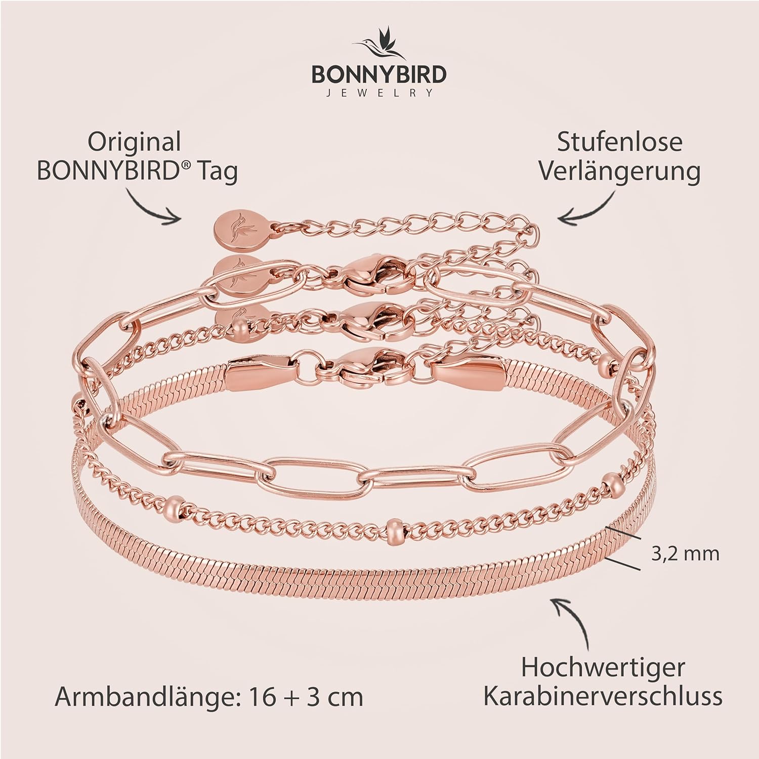 BONNYBIRD® Premium Edelstahl Armband Set Damen in Silber, Gold & Roségold, 100% Wasserfest & Hautverträglich BonnyShine BonnyShine Rosegold