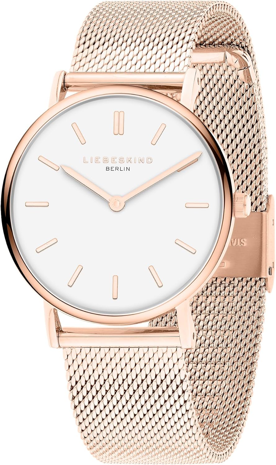 LIEBESKIND BERLIN Damenuhr – Runde Quarzuhr 34 mm – Mesharmband – 5 ATM wasserdicht – Elegant – In verschiedenen Farben erhältlich Roségold, Weiß