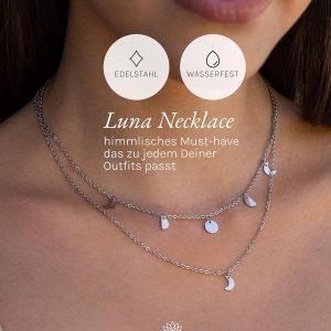 Purelei Luna Kette Damen – Halskette Damen aus langlebigem Edelstahl – Wasserfeste Kette mit Anhänger – 40-45 cm Länge verstellbar – Halskette für deinen individuellen Look Silber