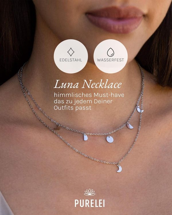 Purelei Luna Kette Damen – Halskette Damen aus langlebigem Edelstahl – Wasserfeste Kette mit Anhänger – 40-45 cm Länge verstellbar – Halskette für deinen individuellen Look Silber