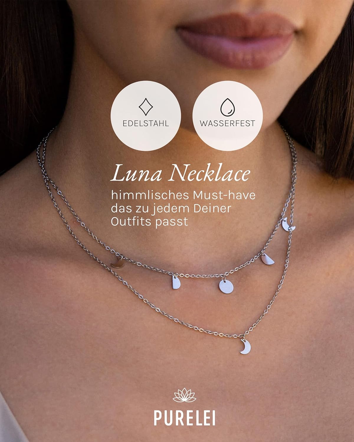 Purelei Luna Kette Damen – Halskette Damen aus langlebigem Edelstahl – Wasserfeste Kette mit Anhänger – 40-45 cm Länge verstellbar – Halskette für deinen individuellen Look Silber