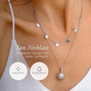 Purelei Sun Kette Damen – Halskette Damen aus langlebigem Edelstahl – Wasserfeste Kette mit Anhänger – 50-55 cm Länge verstellbar – Halskette für deinen individuellen Look Silber