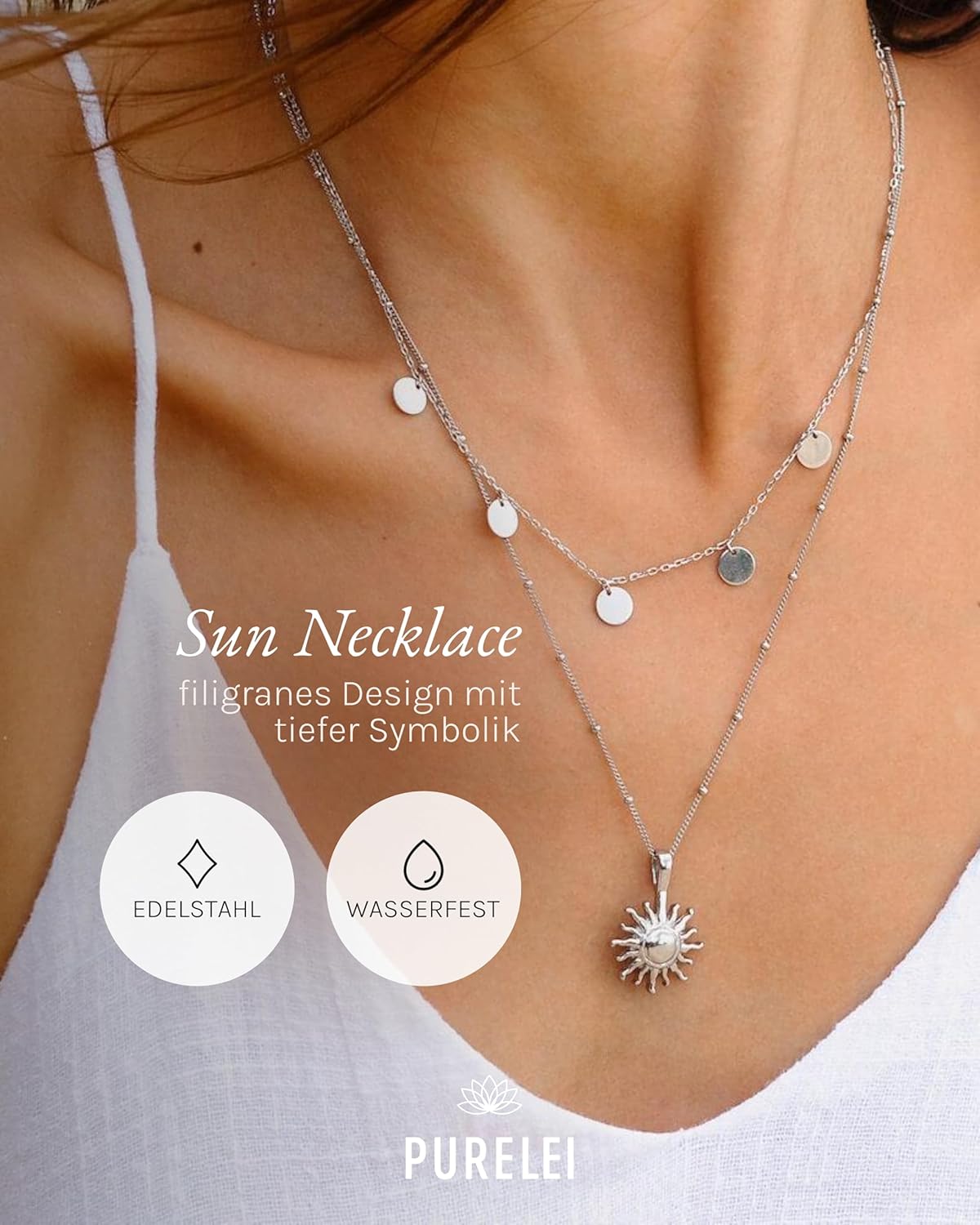 Purelei Sun Kette Damen – Halskette Damen aus langlebigem Edelstahl – Wasserfeste Kette mit Anhänger – 50-55 cm Länge verstellbar – Halskette für deinen individuellen Look Silber