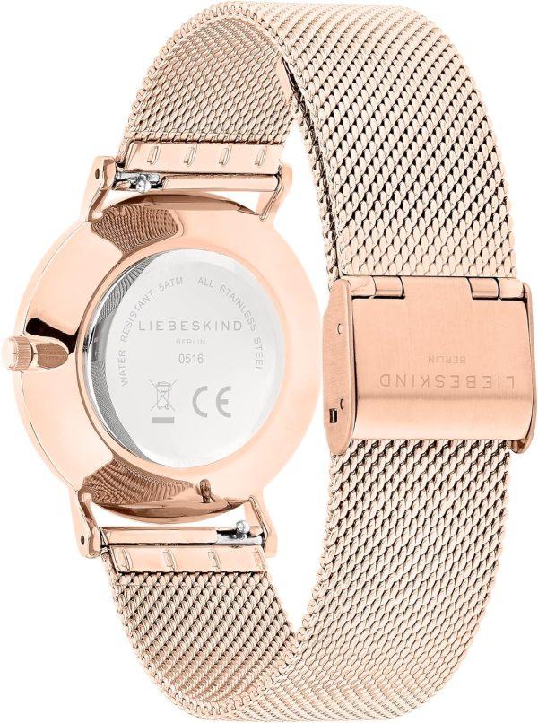 LIEBESKIND BERLIN Damenuhr – Runde Quarzuhr 34 mm – Mesharmband – 5 ATM wasserdicht – Elegant – In verschiedenen Farben erhältlich Roségold, Weiß