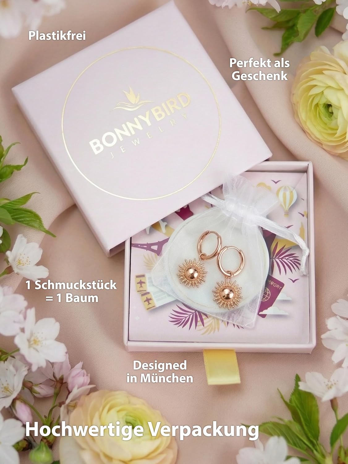 BONNYBIRD® Wasserfeste Edelstahl Ohrringe Sonne Damen in Silber, Gold & Roségold - 100% Wasserfeste & Hautverträgliche Creolen "BonnySun" (14 mm) BonnySun Roségold