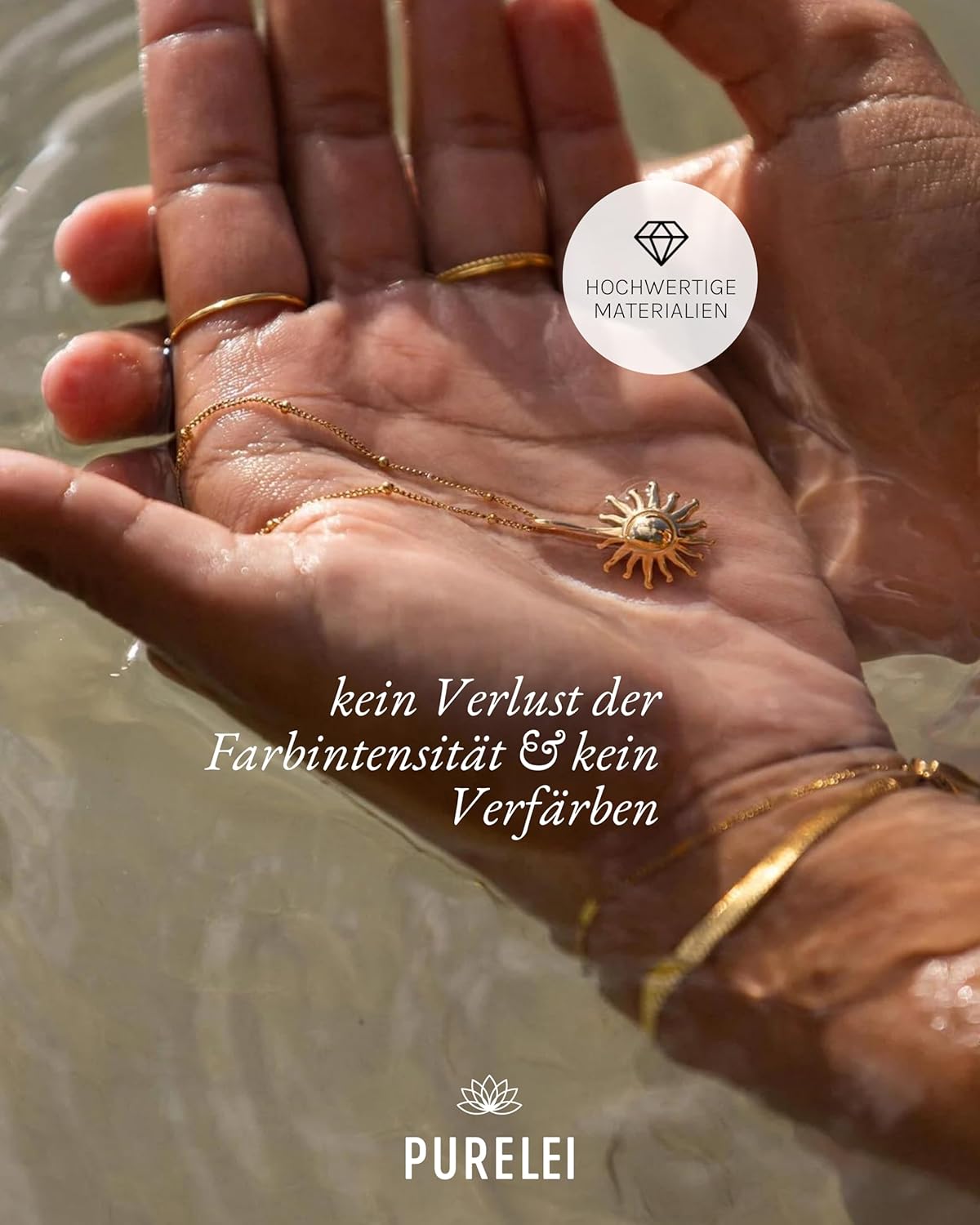 Purelei Sun Kette Damen – Halskette Damen aus langlebigem Edelstahl – Wasserfeste Kette mit Anhänger – 50-55 cm Länge verstellbar – Halskette für deinen individuellen Look Silber
