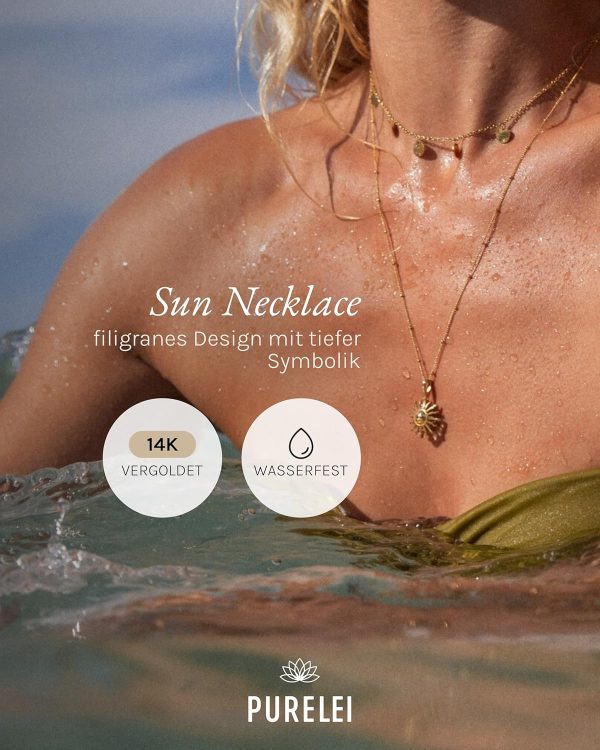 Purelei Sun Kette Damen – Halskette Damen aus langlebigem Edelstahl – Wasserfeste Kette mit Anhänger – 50-55 cm Länge verstellbar – Halskette für deinen individuellen Look Gold