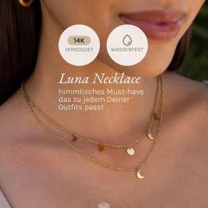 Purelei Luna Kette Damen – Halskette Damen aus langlebigem Edelstahl – Wasserfeste Kette mit Anhänger – 40-45 cm Länge verstellbar – Halskette für deinen individuellen Look Gold