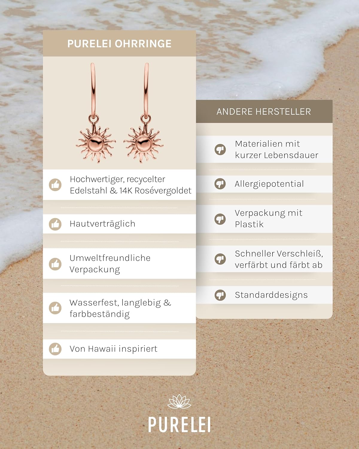 Purelei Sun Ohrringe – Damenohrringe aus langlebigem Edelstahl – Wasserfeste Ohrringe Damen – Modeschmuck für deinen individuellen Look Roségold