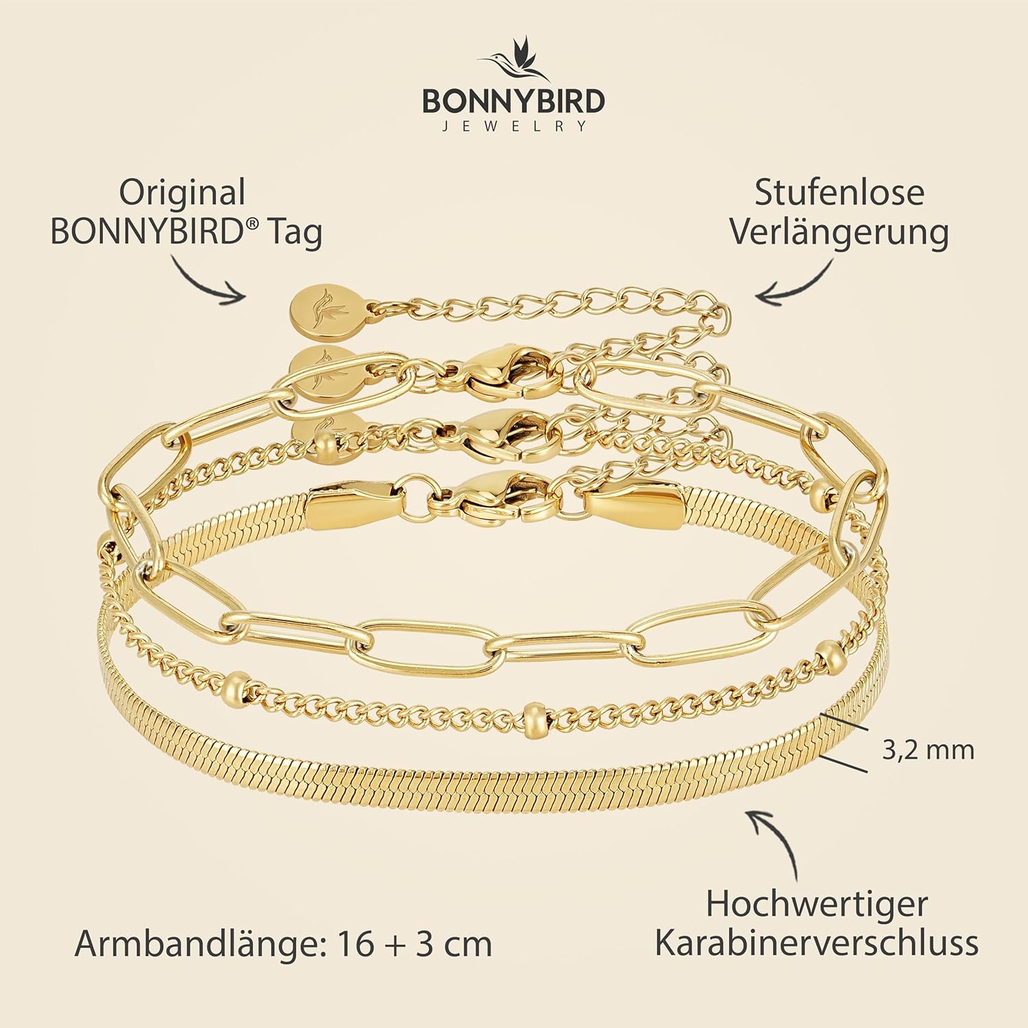 BONNYBIRD® Premium Edelstahl Armband Set Damen in Silber, Gold & Roségold, 100% Wasserfest & Hautverträglich BonnyShine BonnyShine Gold