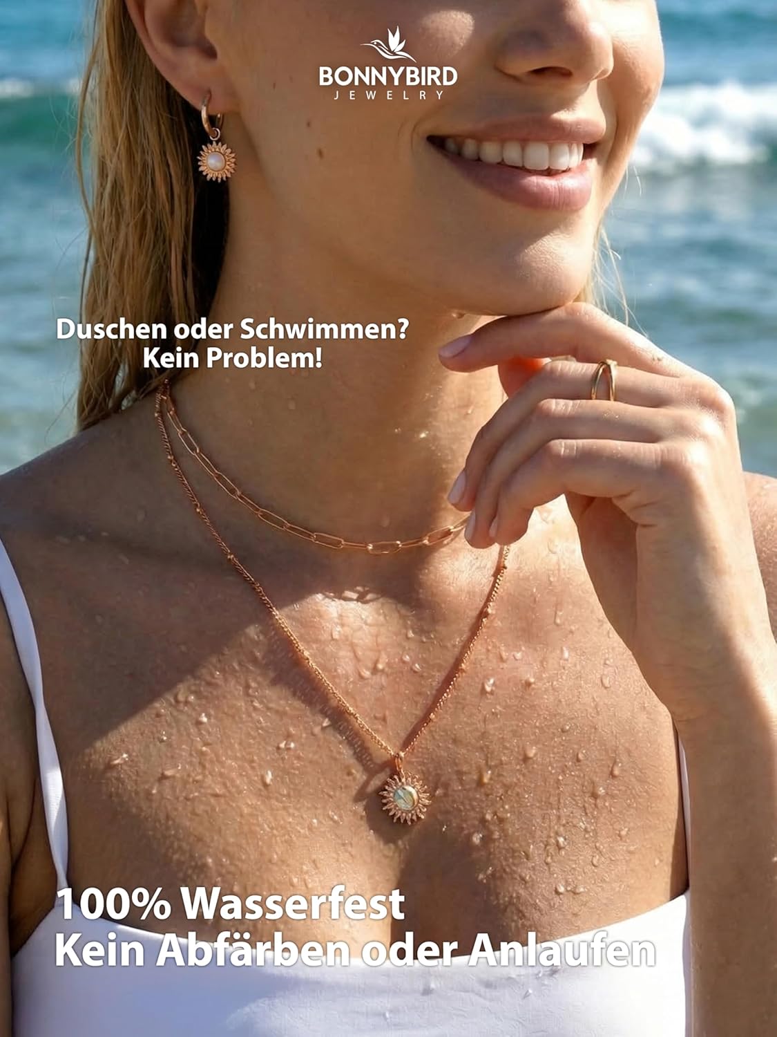 BONNYBIRD® Wasserfeste Edelstahl Kette Sonne Damen in Silber, Gold & Roségold, 100% Wasserfest & Hautverträglich BonnySun BonnySun Roségold
