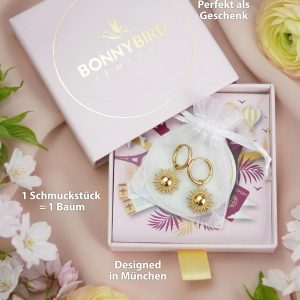BONNYBIRD® Wasserfeste Edelstahl Ohrringe Sonne Damen in Silber, Gold & Roségold - 100% Wasserfeste & Hautverträgliche Creolen "BonnySun" (14 mm) BonnySun Gold