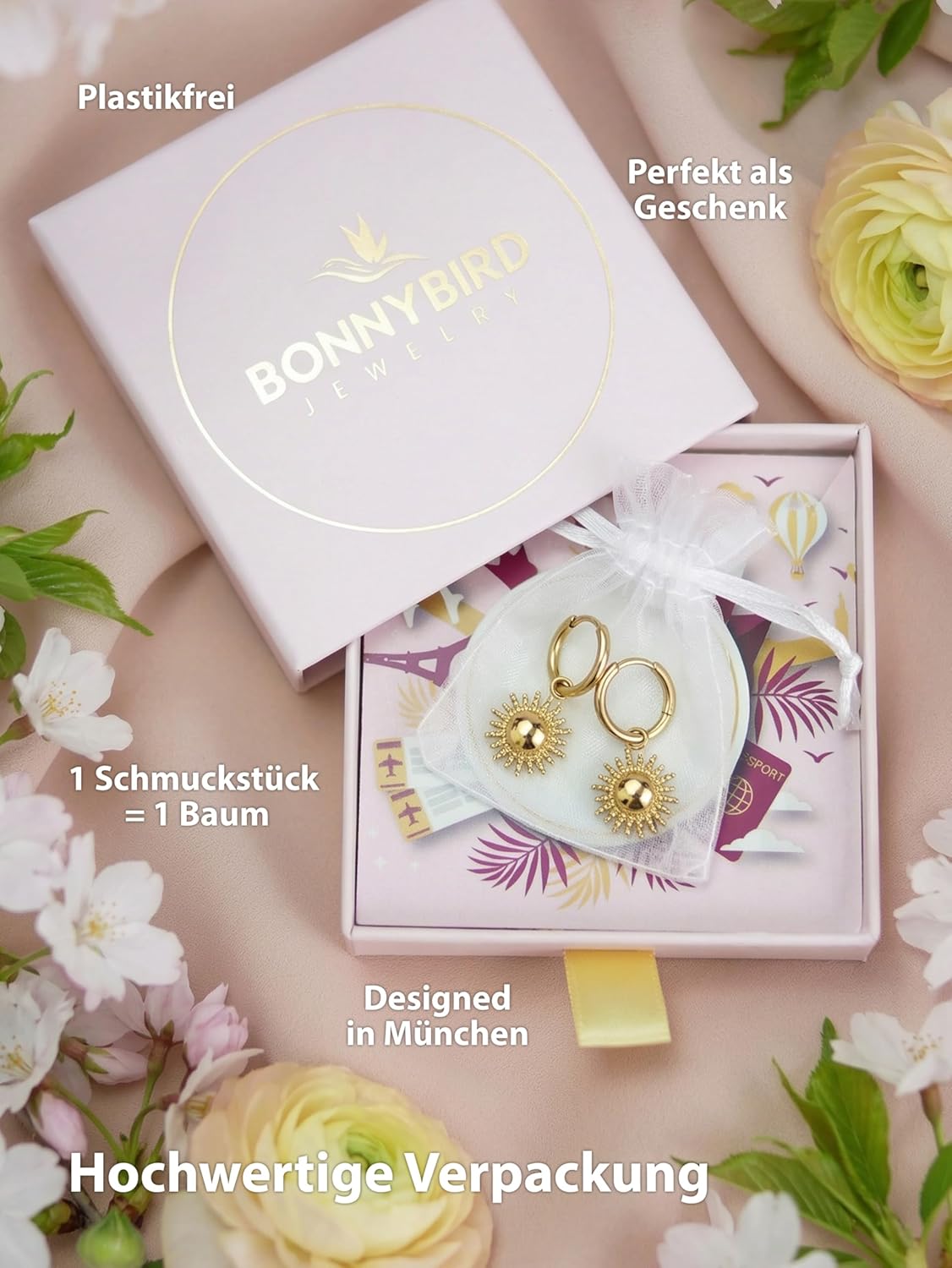 BONNYBIRD® Wasserfeste Edelstahl Ohrringe Sonne Damen in Silber, Gold & Roségold - 100% Wasserfeste & Hautverträgliche Creolen "BonnySun" (14 mm) BonnySun Gold