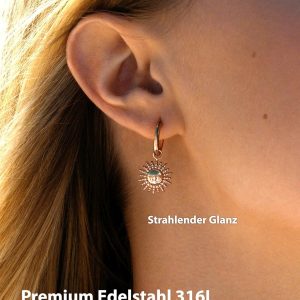 BONNYBIRD® Wasserfeste Edelstahl Ohrringe Sonne Damen in Silber, Gold & Roségold - 100% Wasserfeste & Hautverträgliche Creolen "BonnySun" (14 mm) BonnySun Roségold
