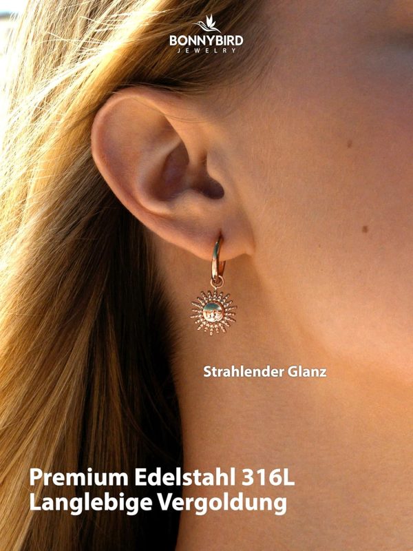 BONNYBIRD® Wasserfeste Edelstahl Ohrringe Sonne Damen in Silber, Gold & Roségold - 100% Wasserfeste & Hautverträgliche Creolen "BonnySun" (14 mm) BonnySun Roségold