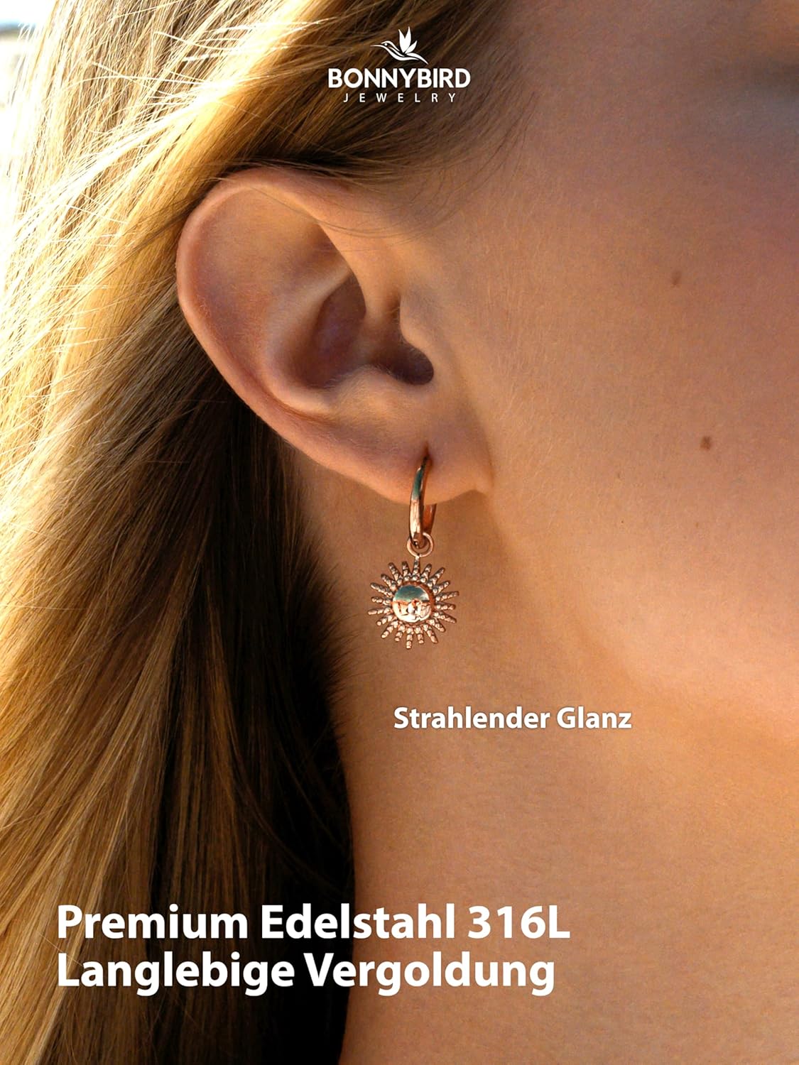 BONNYBIRD® Wasserfeste Edelstahl Ohrringe Sonne Damen in Silber, Gold & Roségold - 100% Wasserfeste & Hautverträgliche Creolen "BonnySun" (14 mm) BonnySun Roségold