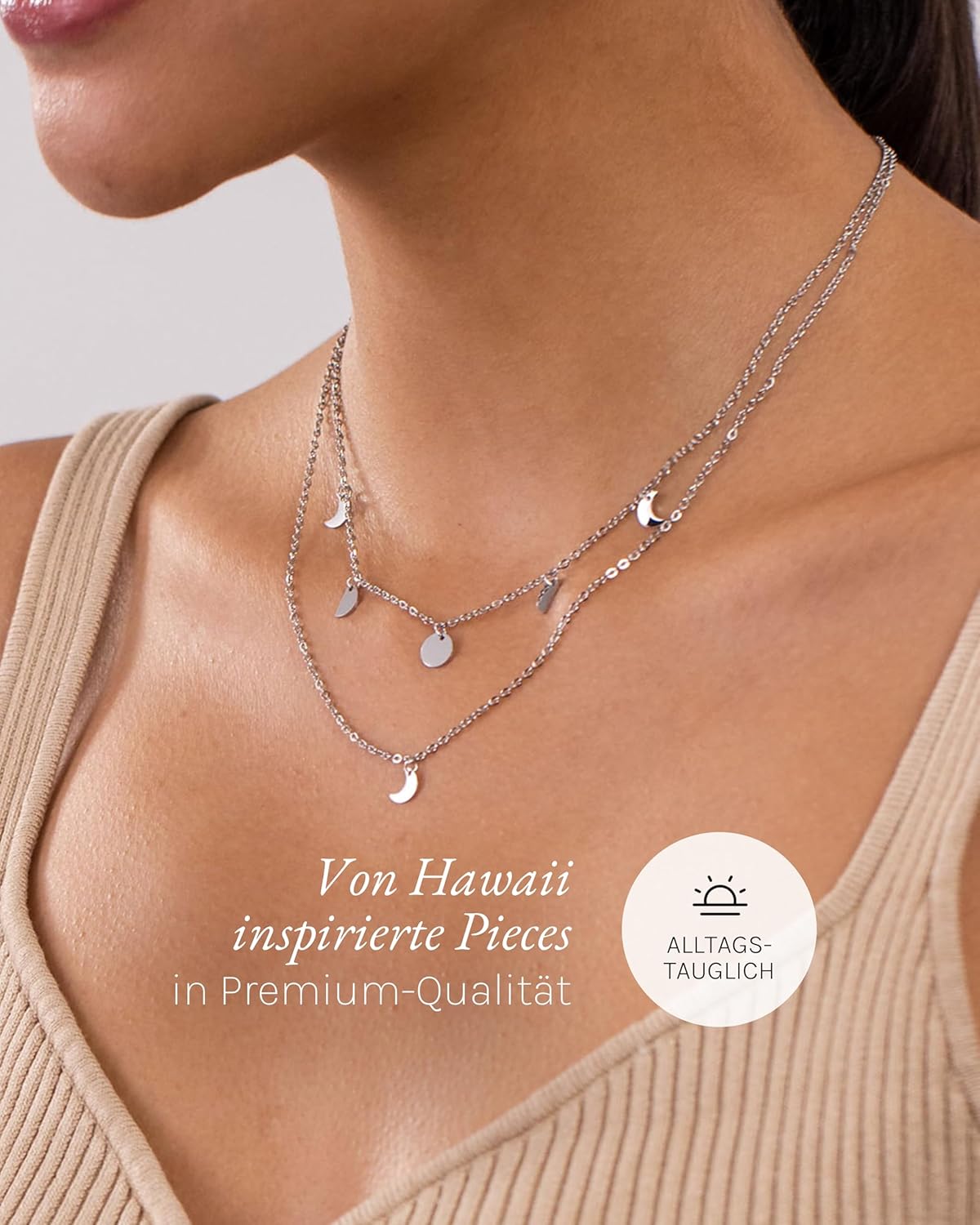 Purelei Luna Kette Damen – Halskette Damen aus langlebigem Edelstahl – Wasserfeste Kette mit Anhänger – 40-45 cm Länge verstellbar – Halskette für deinen individuellen Look Silber