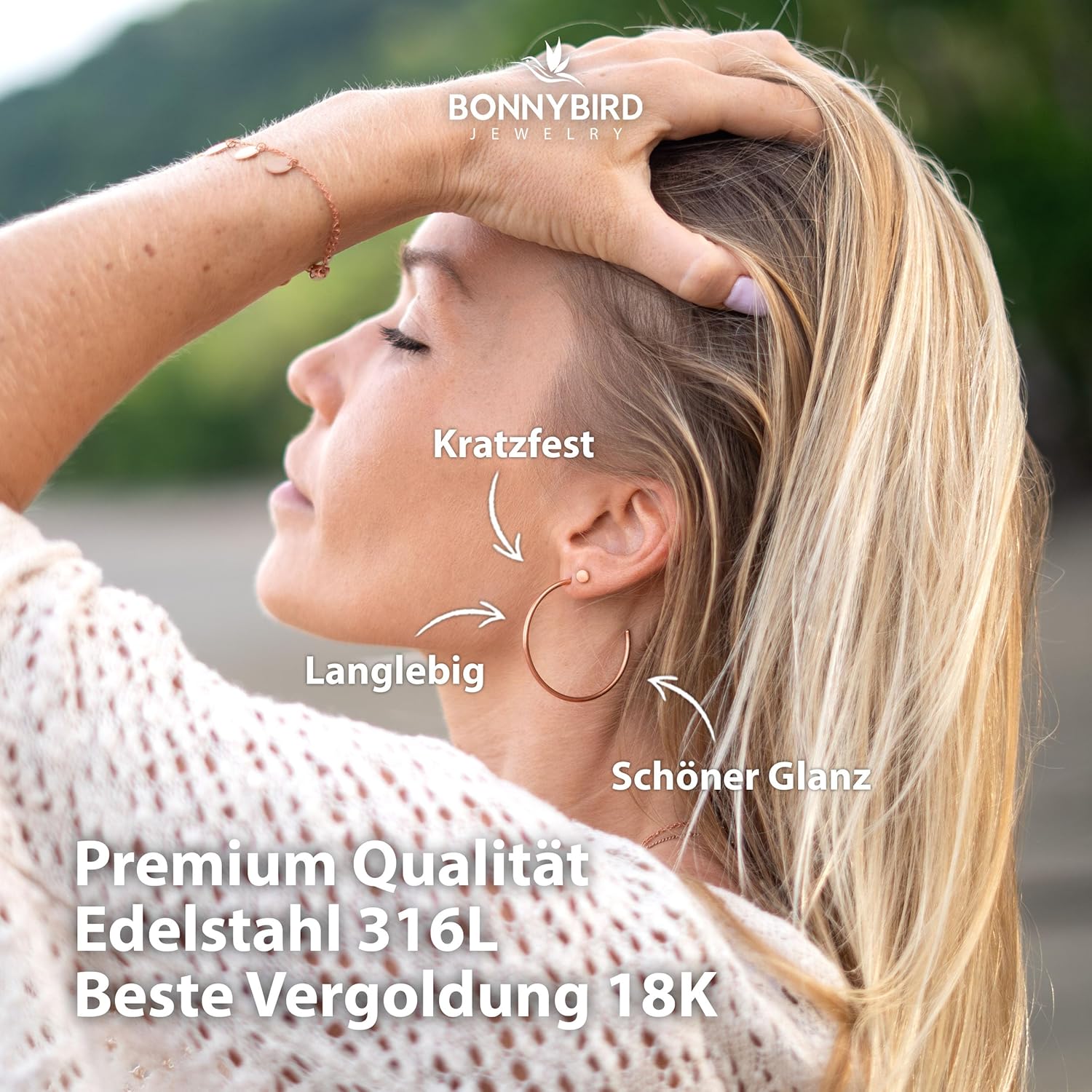 BONNYBIRD® Wasserfeste Große Edelstahl Creolen + Plättchen Ohrstecker Damen in Silber, Gold & Roségold, 100% Wasserfest, Leicht & Sehr Hautverträglich BonnyGrace BonnyBalance Roségold