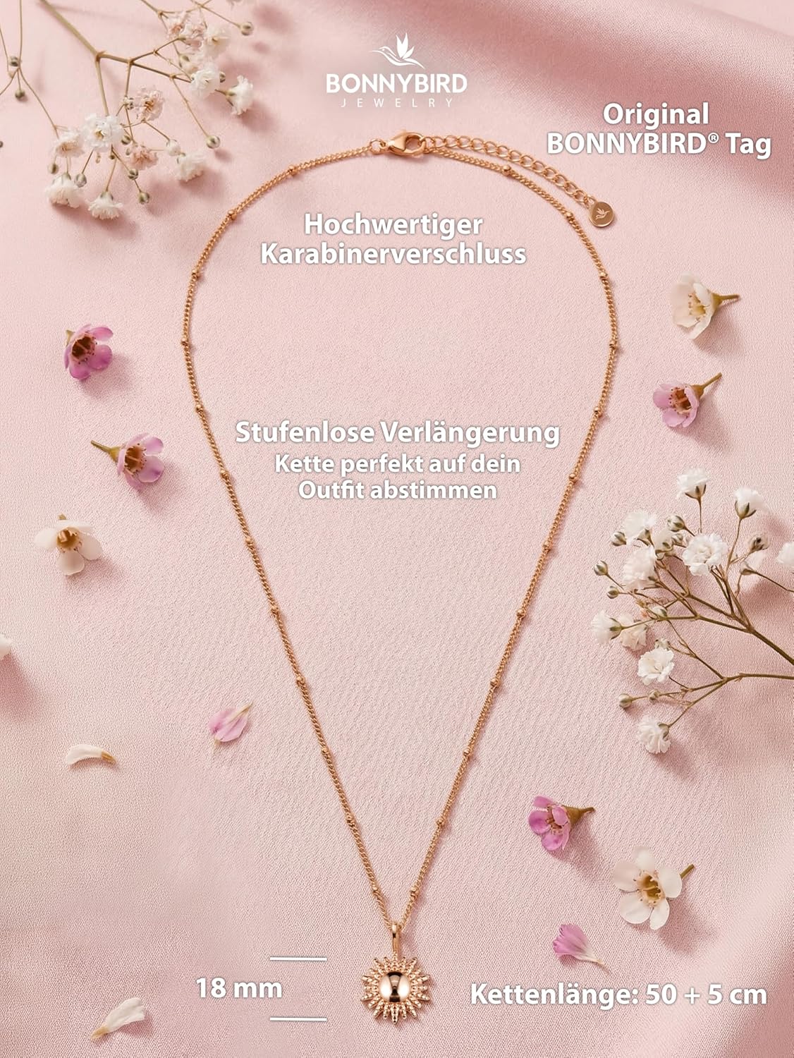 BONNYBIRD® Wasserfeste Edelstahl Kette Sonne Damen in Silber, Gold & Roségold, 100% Wasserfest & Hautverträglich BonnySun BonnySun Roségold