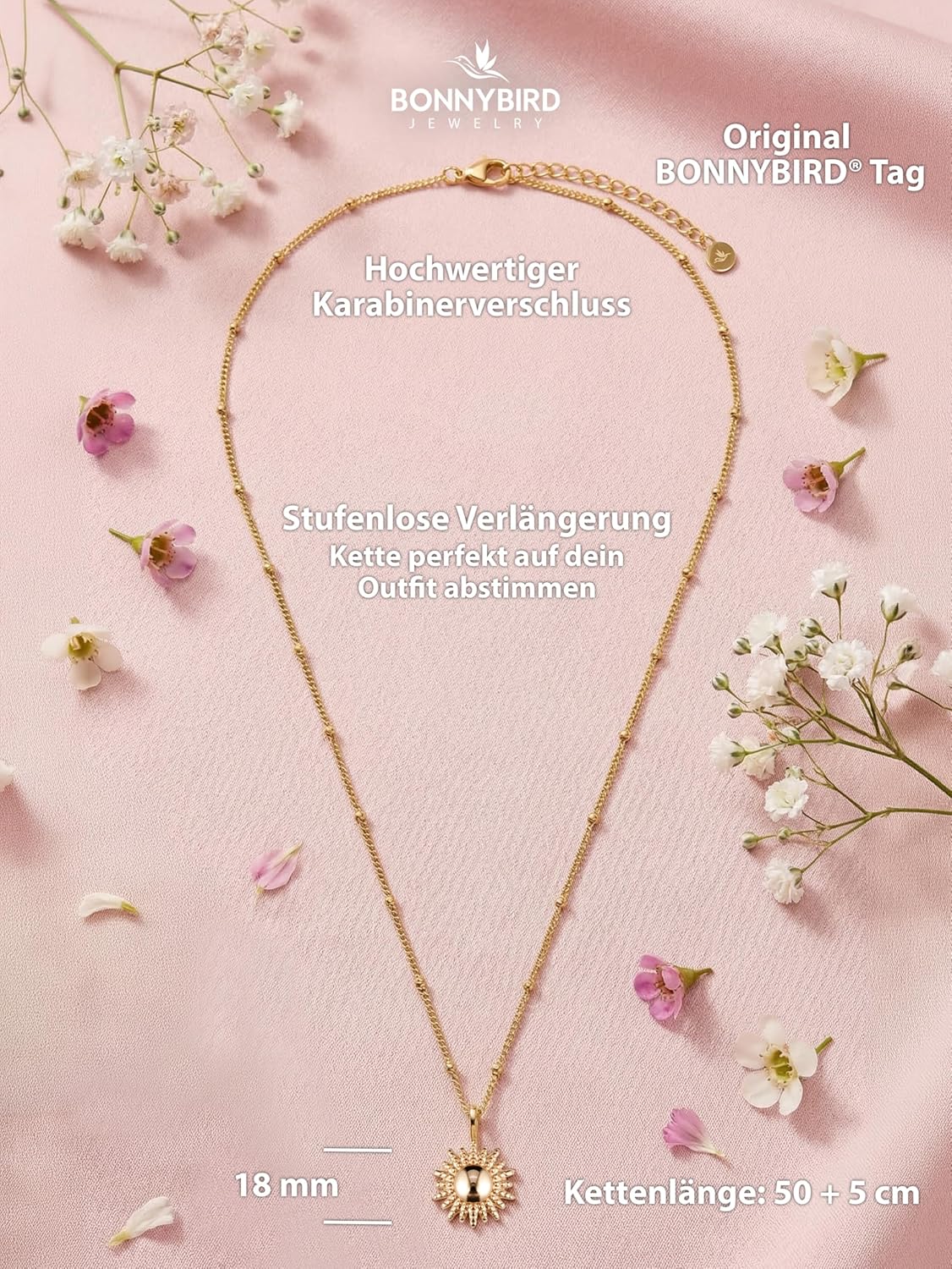 BONNYBIRD® Wasserfeste Edelstahl Kette Sonne Damen in Silber, Gold & Roségold, 100% Wasserfest & Hautverträglich BonnySun BonnySun Gold
