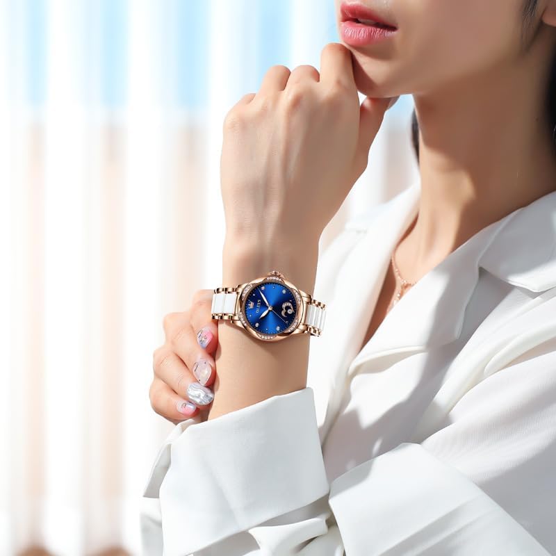 OLEVS Damen Automatikuhr Diamant Lünette modisch wasserdicht Kalender zweifarbig, Edelstahl Keramik Armband 6631: Blaues