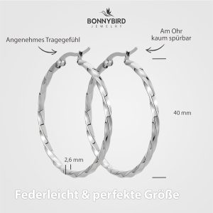 BONNYBIRD® Wasserfeste Edelstahl Creolen Groß in Silber, Gold & Roségold - Ohrringe Damen aus hochwertigem Chirurgenstahl, 100% Wasserfest & Hautverträglich "BonnyFly" (40 mm) BonnyFly Silber