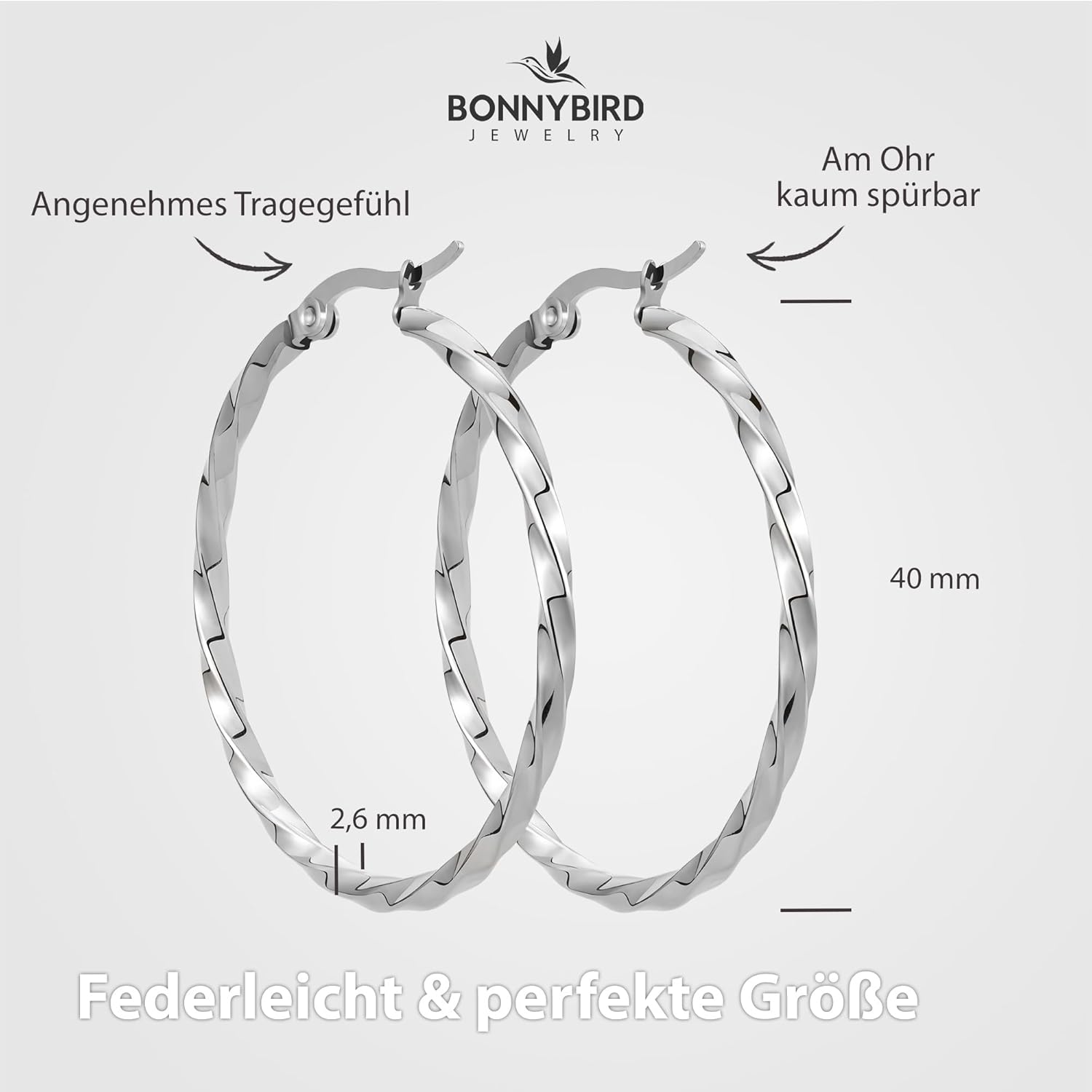 BONNYBIRD® Wasserfeste Edelstahl Creolen Groß in Silber, Gold & Roségold - Ohrringe Damen aus hochwertigem Chirurgenstahl, 100% Wasserfest & Hautverträglich "BonnyFly" (40 mm) BonnyFly Silber