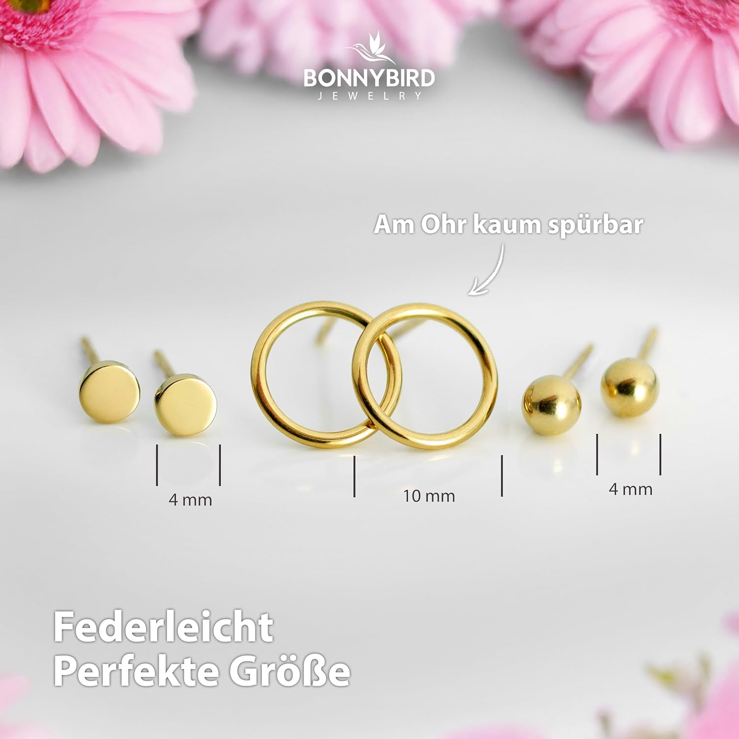 BONNYBIRD® Wasserfeste Edelstahl Ohrringe Damen in Silber, Gold & Roségold, Hypoallergen dank medizinischem Chirurgenstahl, Extra Leicht BonnyClassic Gold