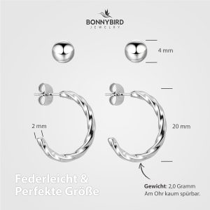 BONNYBIRD® Wasserfeste Edelstahl Ohrringe Damen in Silber, Gold & Roségold, Hypoallergen dank medizinischem Chirurgenstahl, Extra Leicht BonnyTwist Silber