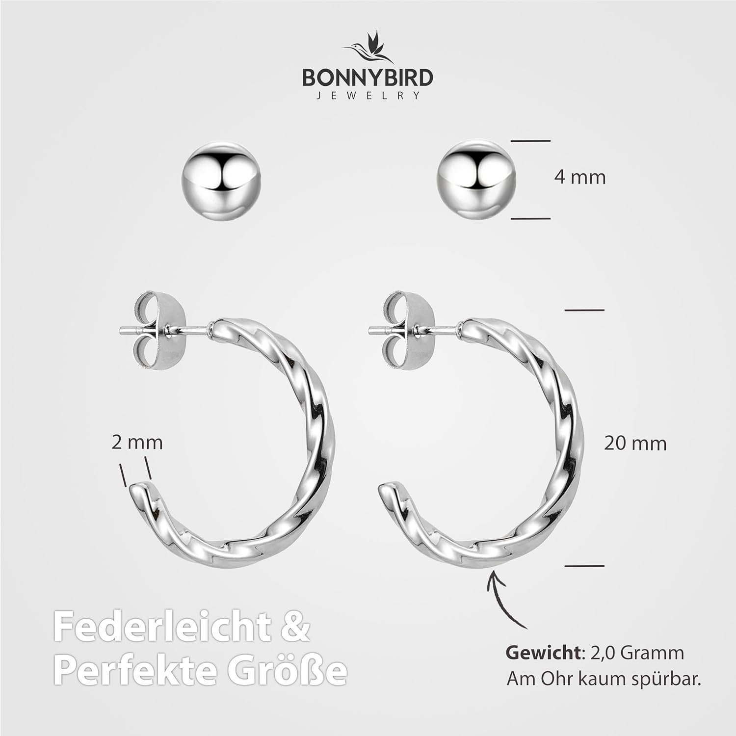 BONNYBIRD® Wasserfeste Edelstahl Ohrringe Damen in Silber, Gold & Roségold, Hypoallergen dank medizinischem Chirurgenstahl, Extra Leicht BonnyTwist Silber