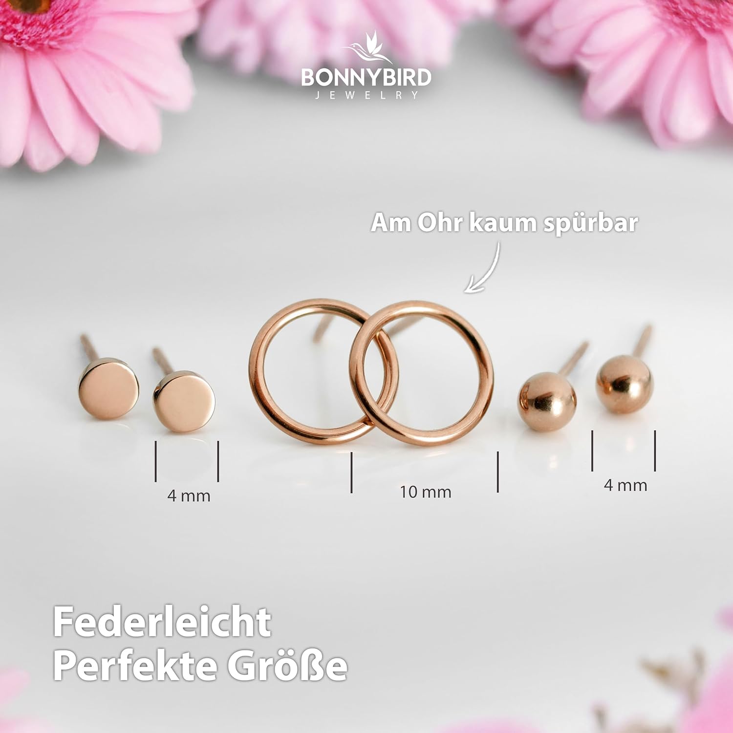 BONNYBIRD® Wasserfeste Edelstahl Ohrringe Damen in Silber, Gold & Roségold, Hypoallergen dank medizinischem Chirurgenstahl, Extra Leicht BonnyClassic Rosegold
