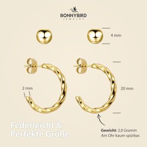 BONNYBIRD® Wasserfeste Edelstahl Ohrringe Damen in Silber, Gold & Roségold, Hypoallergen dank medizinischem Chirurgenstahl, Extra Leicht BonnyTwist Gold