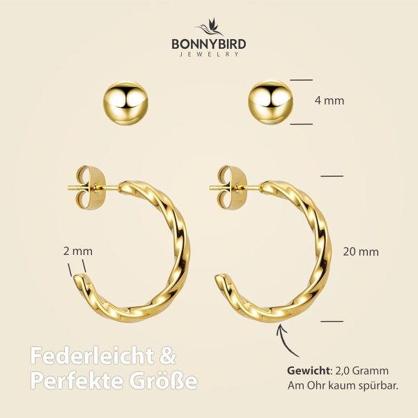BONNYBIRD® Wasserfeste Edelstahl Ohrringe Damen in Silber, Gold & Roségold, Hypoallergen dank medizinischem Chirurgenstahl, Extra Leicht BonnyTwist Gold