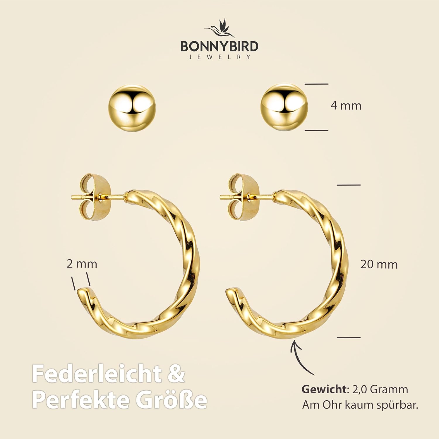 BONNYBIRD® Wasserfeste Edelstahl Ohrringe Damen in Silber, Gold & Roségold, Hypoallergen dank medizinischem Chirurgenstahl, Extra Leicht BonnyTwist Gold