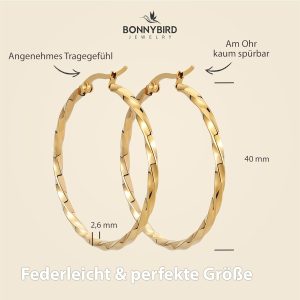 BONNYBIRD® Wasserfeste Edelstahl Creolen Groß in Silber, Gold & Roségold - Ohrringe Damen aus hochwertigem Chirurgenstahl, 100% Wasserfest & Hautverträglich "BonnyFly" (40 mm) BonnyFly Gold