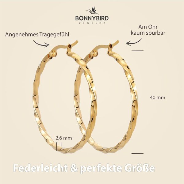 BONNYBIRD® Wasserfeste Edelstahl Creolen Groß in Silber, Gold & Roségold - Ohrringe Damen aus hochwertigem Chirurgenstahl, 100% Wasserfest & Hautverträglich "BonnyFly" (40 mm) BonnyFly Gold