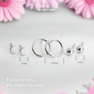 BONNYBIRD® Wasserfeste Edelstahl Ohrringe Damen in Silber, Gold & Roségold, Hypoallergen dank medizinischem Chirurgenstahl, Extra Leicht BonnyClassic Silber