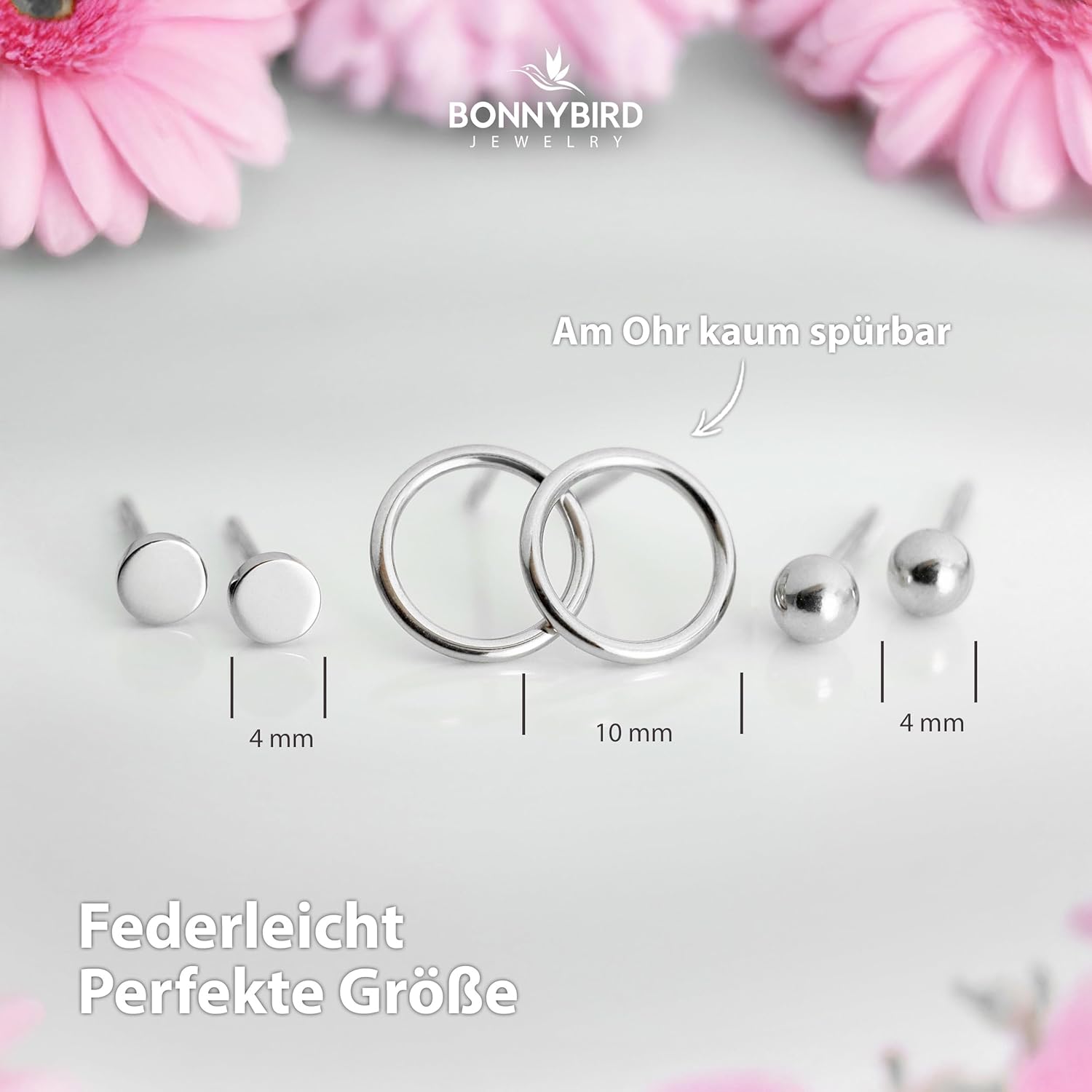 BONNYBIRD® Wasserfeste Edelstahl Ohrringe Damen in Silber, Gold & Roségold, Hypoallergen dank medizinischem Chirurgenstahl, Extra Leicht BonnyClassic Silber