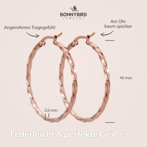 BONNYBIRD® Wasserfeste Edelstahl Creolen Groß in Silber, Gold & Roségold - Ohrringe Damen aus hochwertigem Chirurgenstahl, 100% Wasserfest & Hautverträglich "BonnyFly" (40 mm) BonnyFly Roségold
