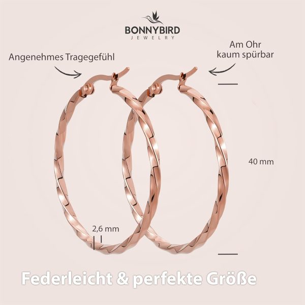 BONNYBIRD® Wasserfeste Edelstahl Creolen Groß in Silber, Gold & Roségold - Ohrringe Damen aus hochwertigem Chirurgenstahl, 100% Wasserfest & Hautverträglich "BonnyFly" (40 mm) BonnyFly Roségold