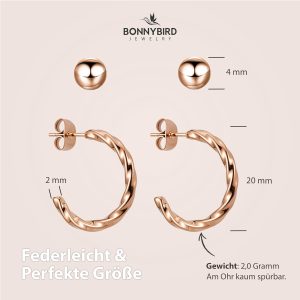 BONNYBIRD® Wasserfeste Edelstahl Ohrringe Damen in Silber, Gold & Roségold, Hypoallergen dank medizinischem Chirurgenstahl, Extra Leicht BonnyTwist Rose