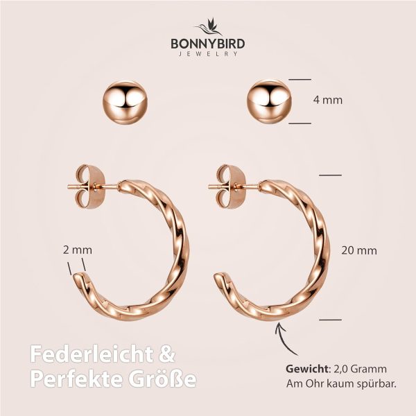 BONNYBIRD® Wasserfeste Edelstahl Ohrringe Damen in Silber, Gold & Roségold, Hypoallergen dank medizinischem Chirurgenstahl, Extra Leicht BonnyTwist Rose