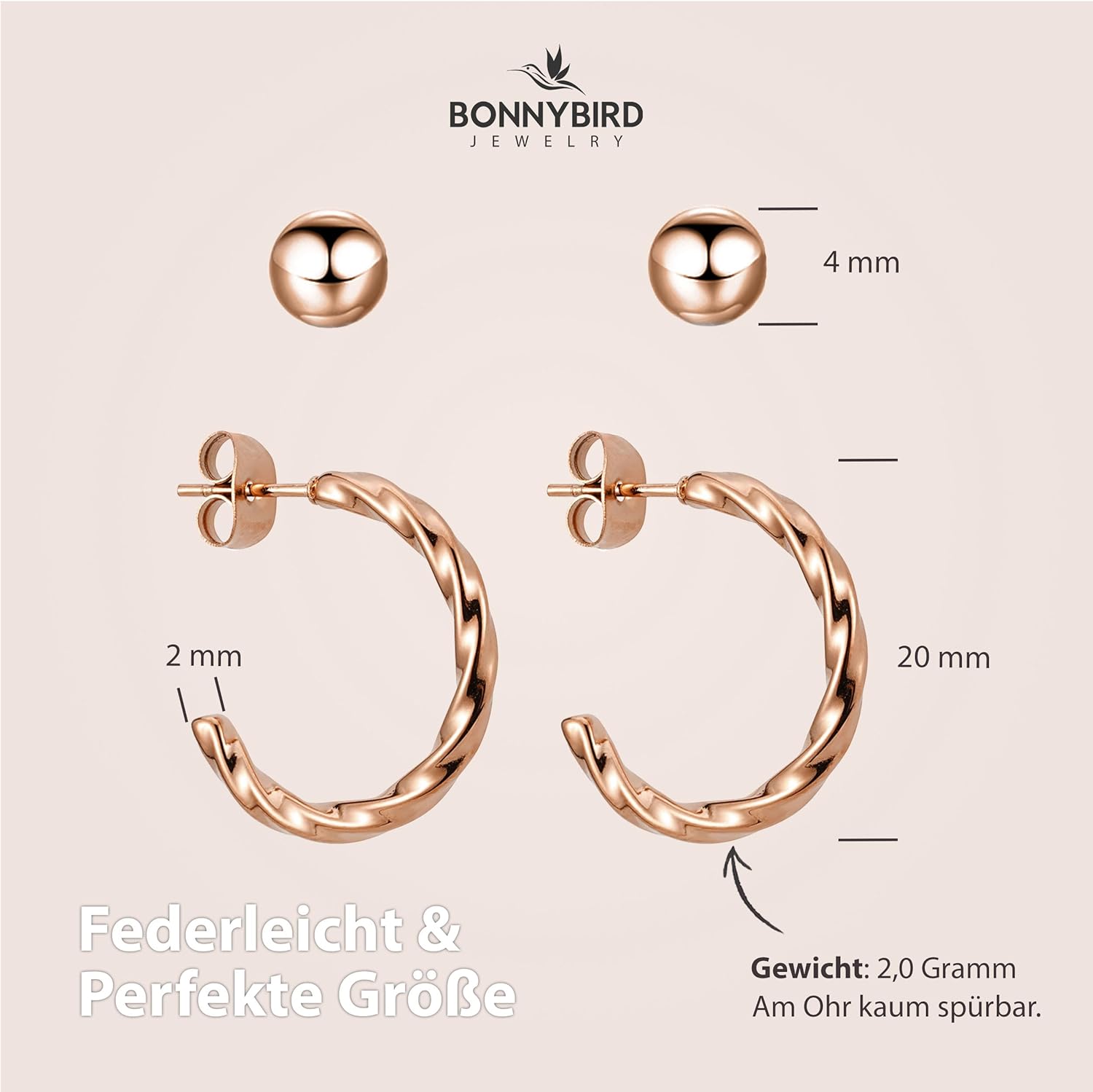 BONNYBIRD® Wasserfeste Edelstahl Ohrringe Damen in Silber, Gold & Roségold, Hypoallergen dank medizinischem Chirurgenstahl, Extra Leicht BonnyTwist Rose