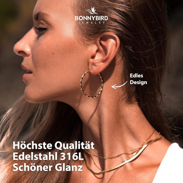 BONNYBIRD® Wasserfeste Edelstahl Creolen Groß in Silber, Gold & Roségold - Ohrringe Damen aus hochwertigem Chirurgenstahl, 100% Wasserfest & Hautverträglich "BonnyFly" (40 mm) BonnyFly Roségold
