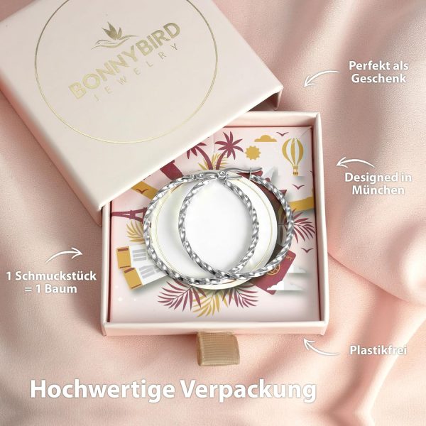 BONNYBIRD® Wasserfeste Edelstahl Creolen Groß in Silber, Gold & Roségold - Ohrringe Damen aus hochwertigem Chirurgenstahl, 100% Wasserfest & Hautverträglich "BonnyFly" (40 mm) BonnyFly Silber