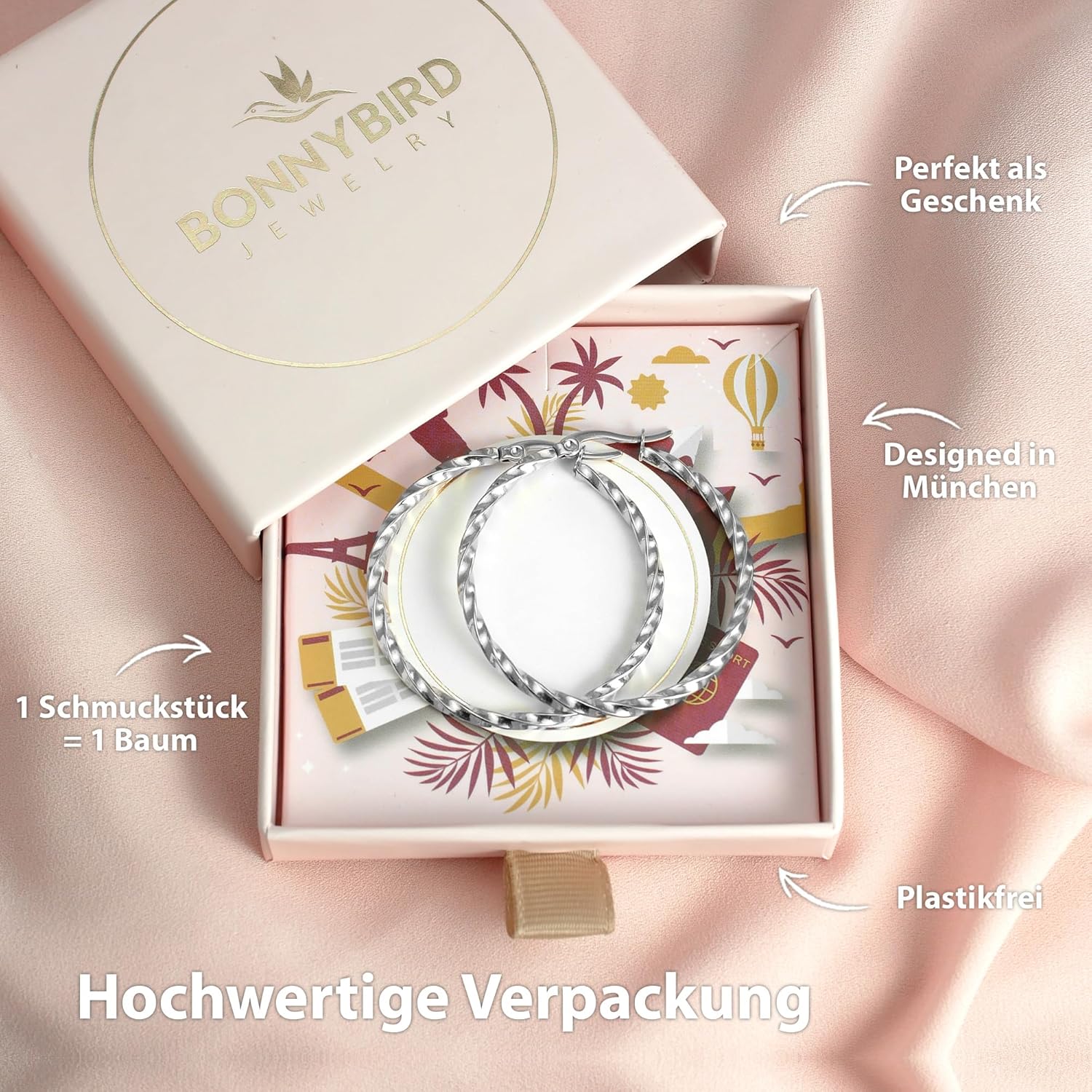 BONNYBIRD® Wasserfeste Edelstahl Creolen Groß in Silber, Gold & Roségold - Ohrringe Damen aus hochwertigem Chirurgenstahl, 100% Wasserfest & Hautverträglich "BonnyFly" (40 mm) BonnyFly Silber